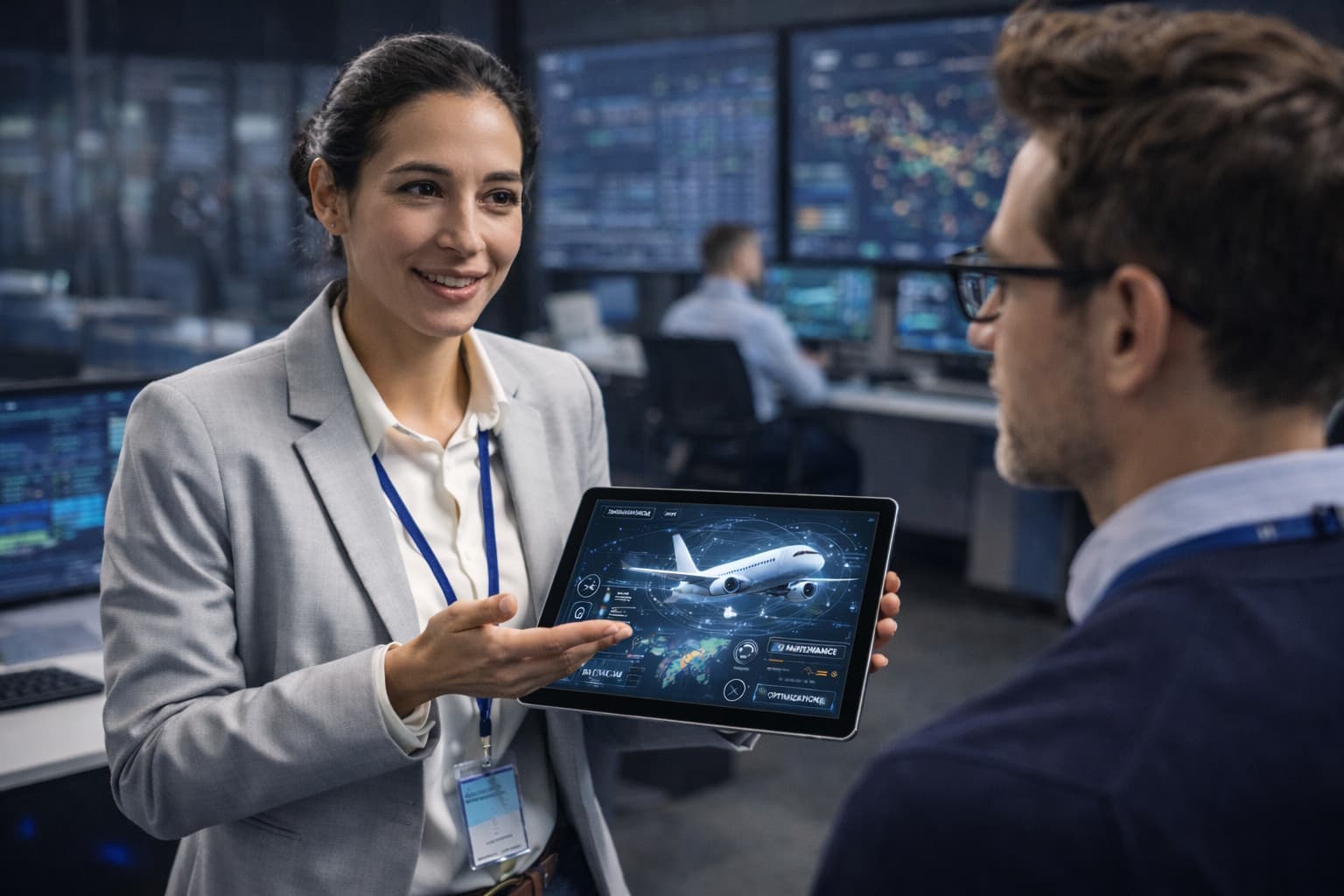 Aviation technology specialist demonstrating flight management systems on a tablet in an operations center