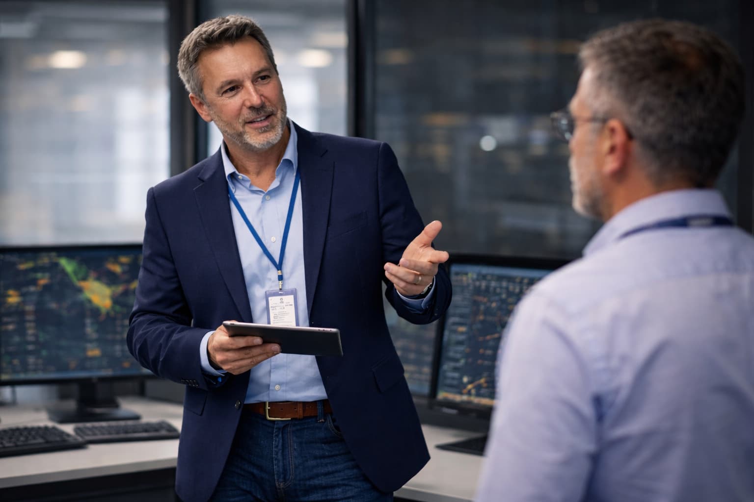 LCR technology consultant reviewing operational systems in an aviation operations center